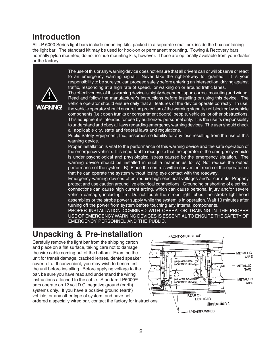 Introduction, Unpacking & pre-installation | Code 3 LP 6000 User Manual | Page 2 / 12