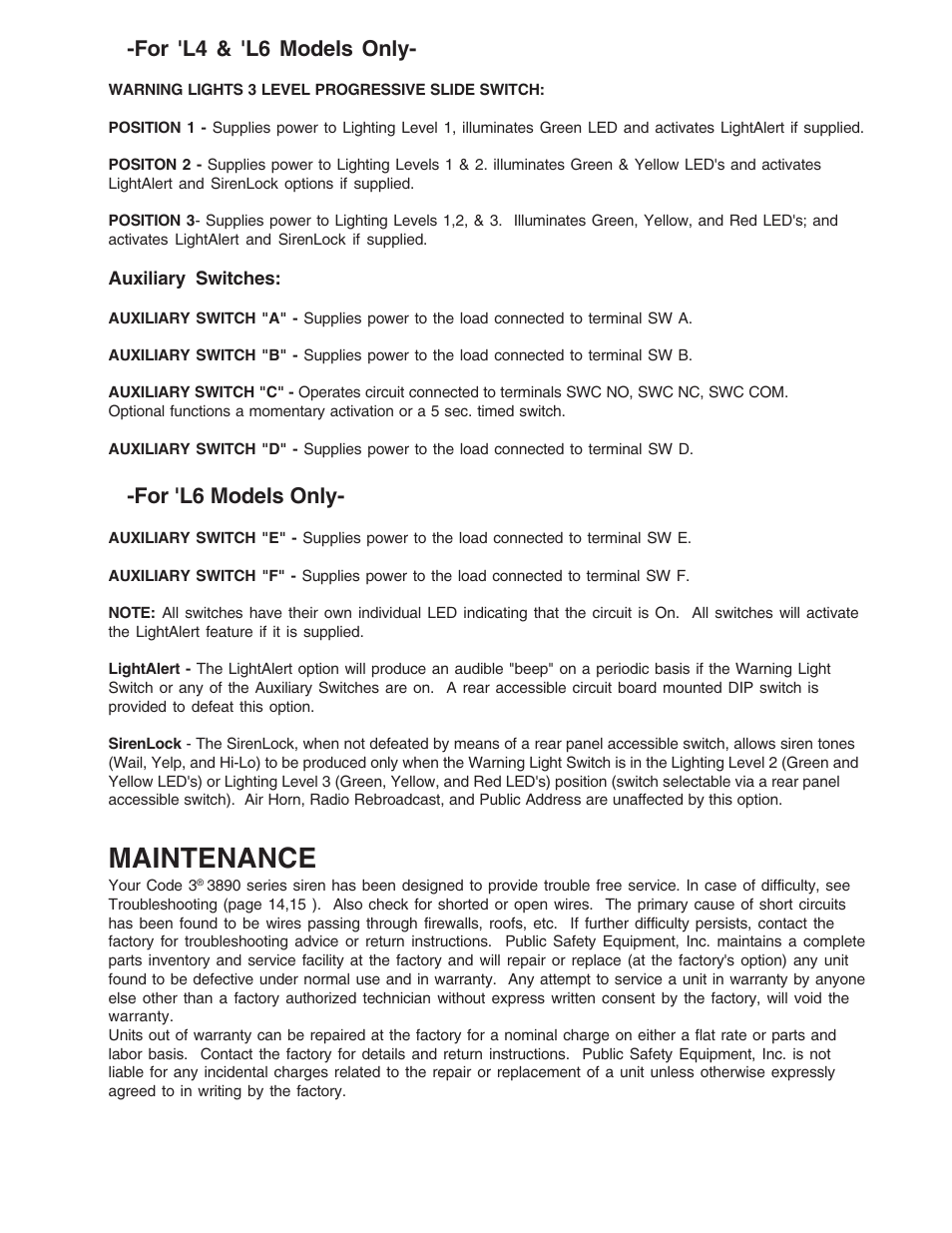 Maintenance, For 'l4 & 'l6 models only, For 'l6 models only | Code 3 MasterCom B Series User Manual | Page 13 / 26