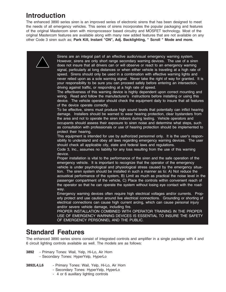 Introduction, Standard features | Code 3 MasterCom B Series User Manual | Page 2 / 26