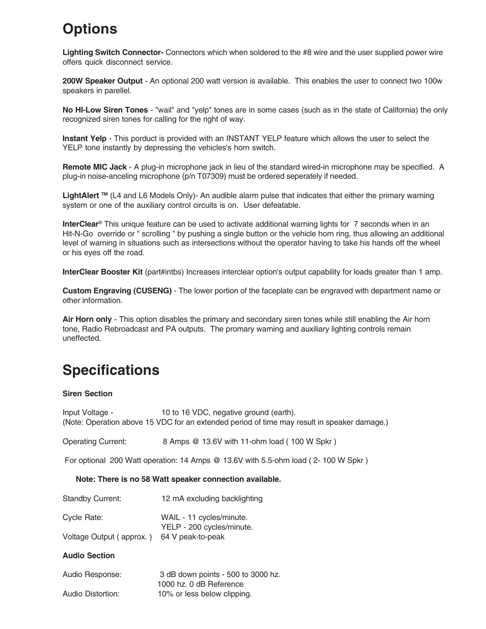 Options, Specifications | Code 3 MasterCom B Series User Manual | Page 23 / 26