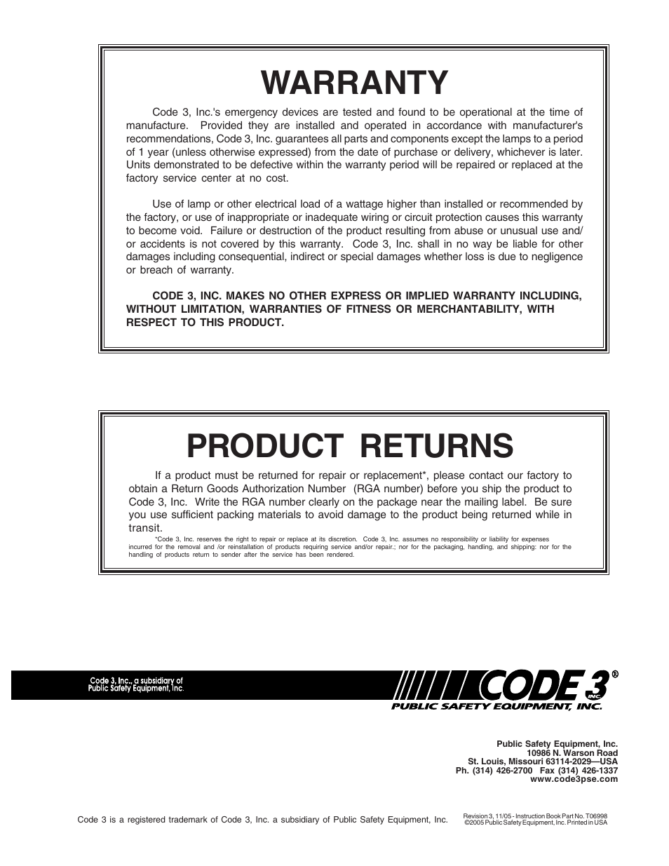 Warranty, Product returns | Code 3 MasterCom B Series User Manual | Page 26 / 26