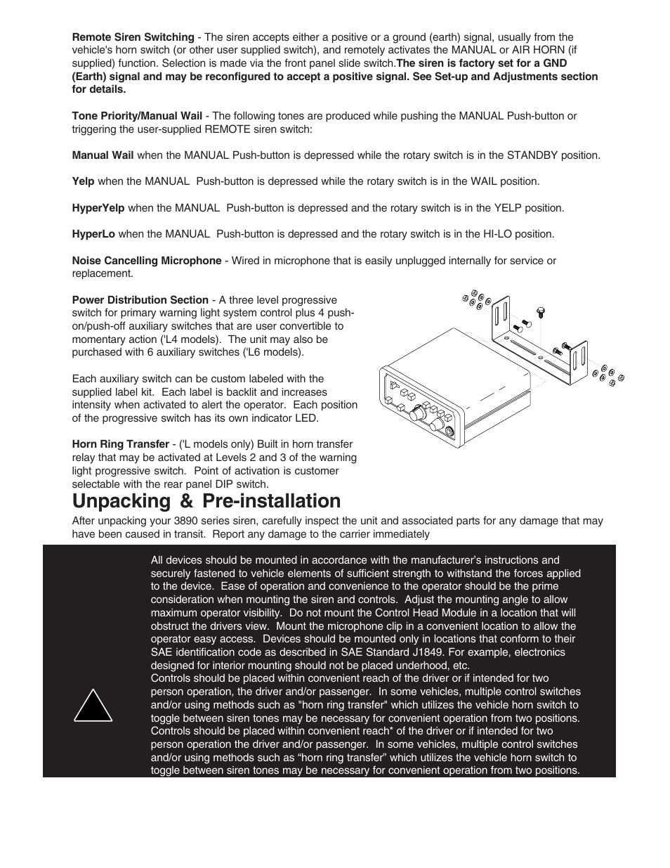 Unpacking & pre-installation, Warning | Code 3 MasterCom B Series User Manual | Page 4 / 26