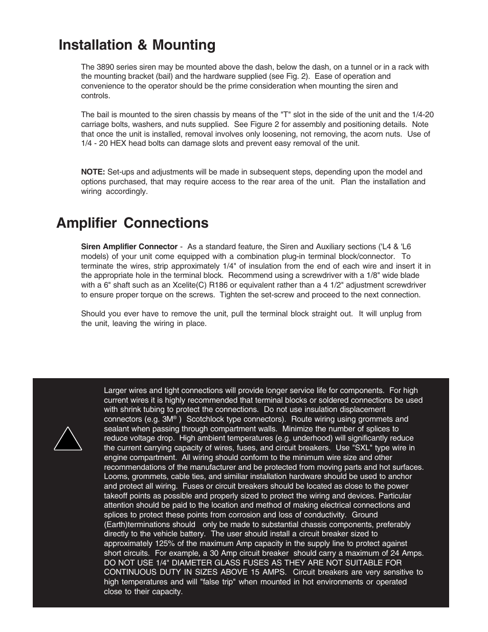 Amplifier connections, Installation & mounting | Code 3 MasterCom B Series User Manual | Page 5 / 26