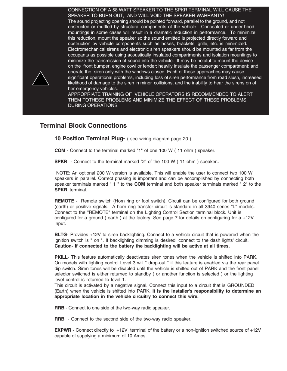 Terminal block connections, Warning | Code 3 MasterCom B Series User Manual | Page 6 / 26