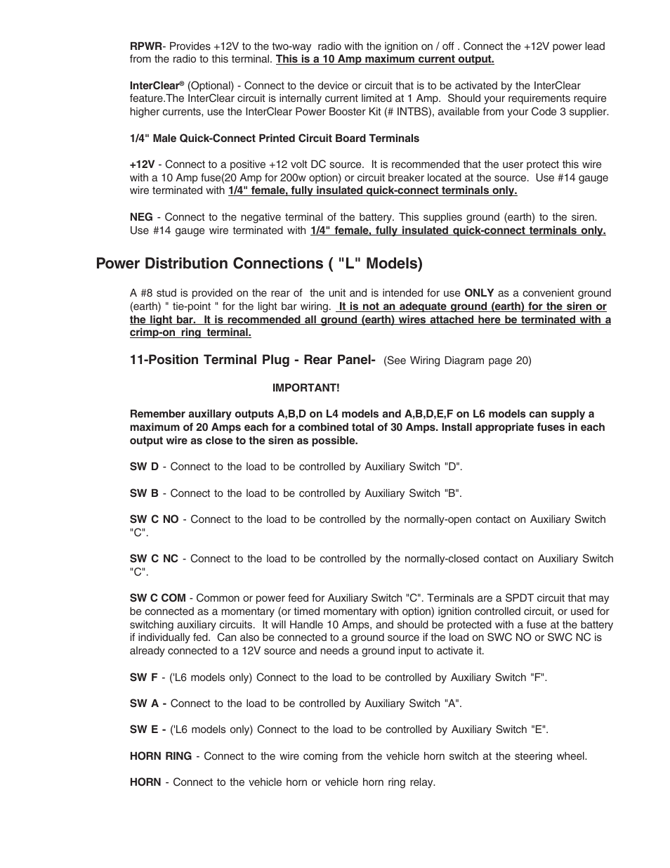 Power distribution connections ( "l" models) | Code 3 MasterCom B Series User Manual | Page 7 / 26