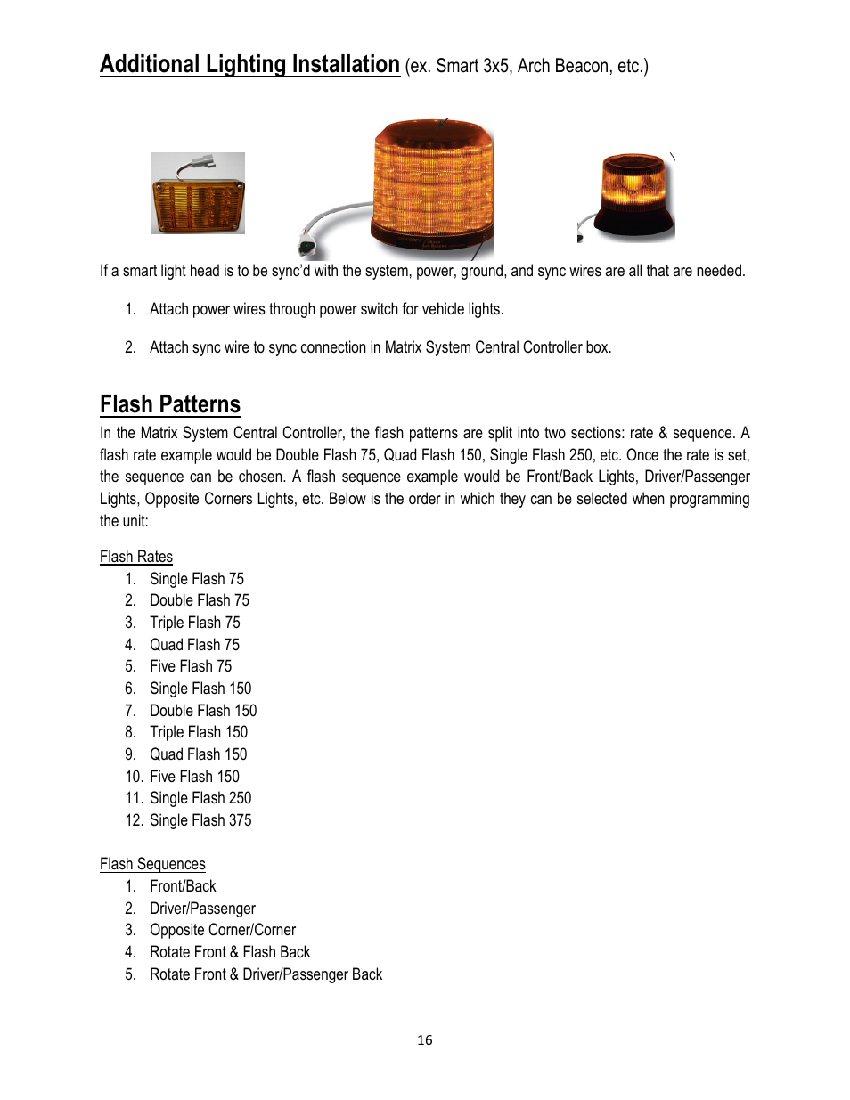 Additional lighting installation, Flash patterns | Code 3 Matrix User Manual | Page 16 / 20