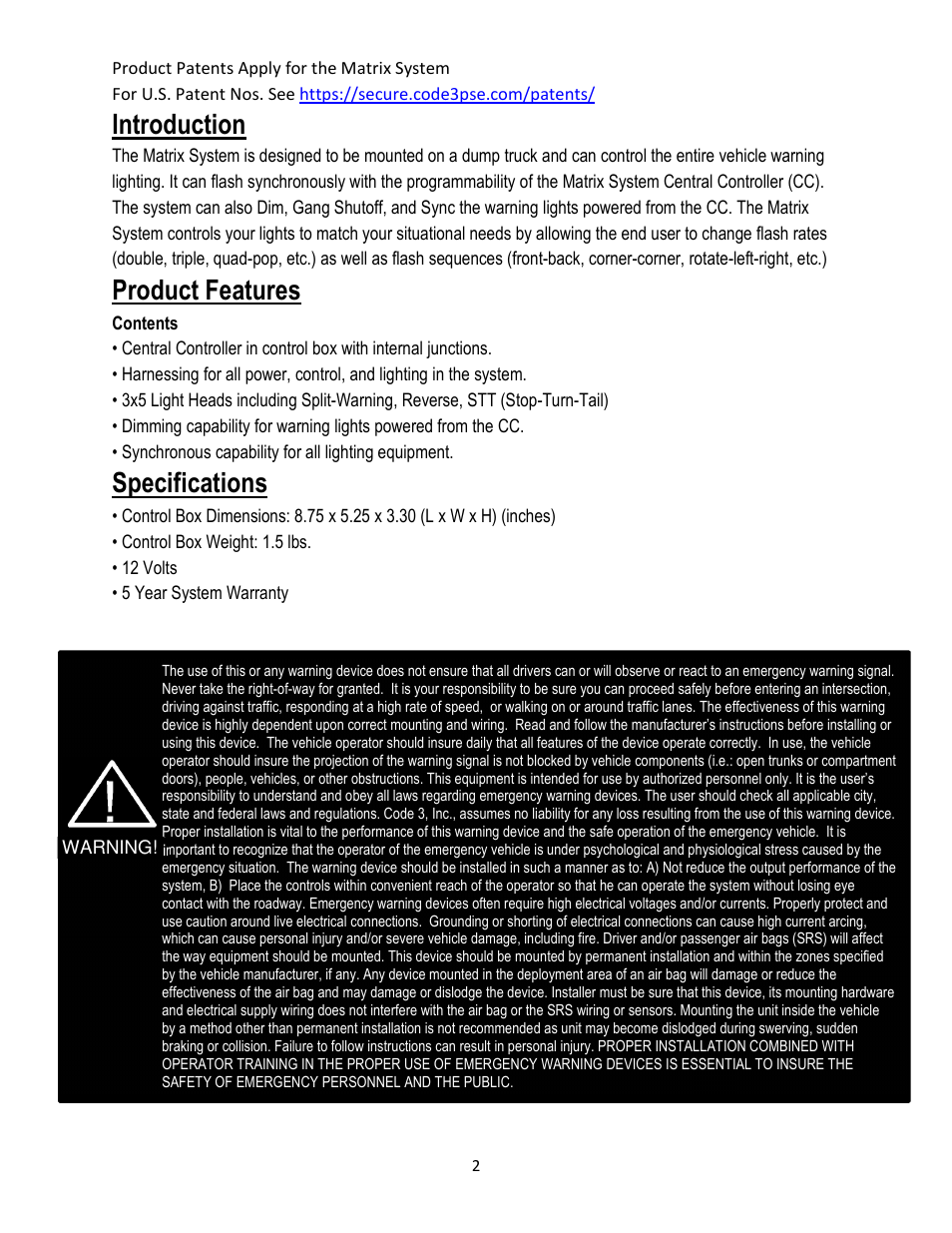 Introduction, Product features, Specifications | Code 3 Matrix User Manual | Page 2 / 20
