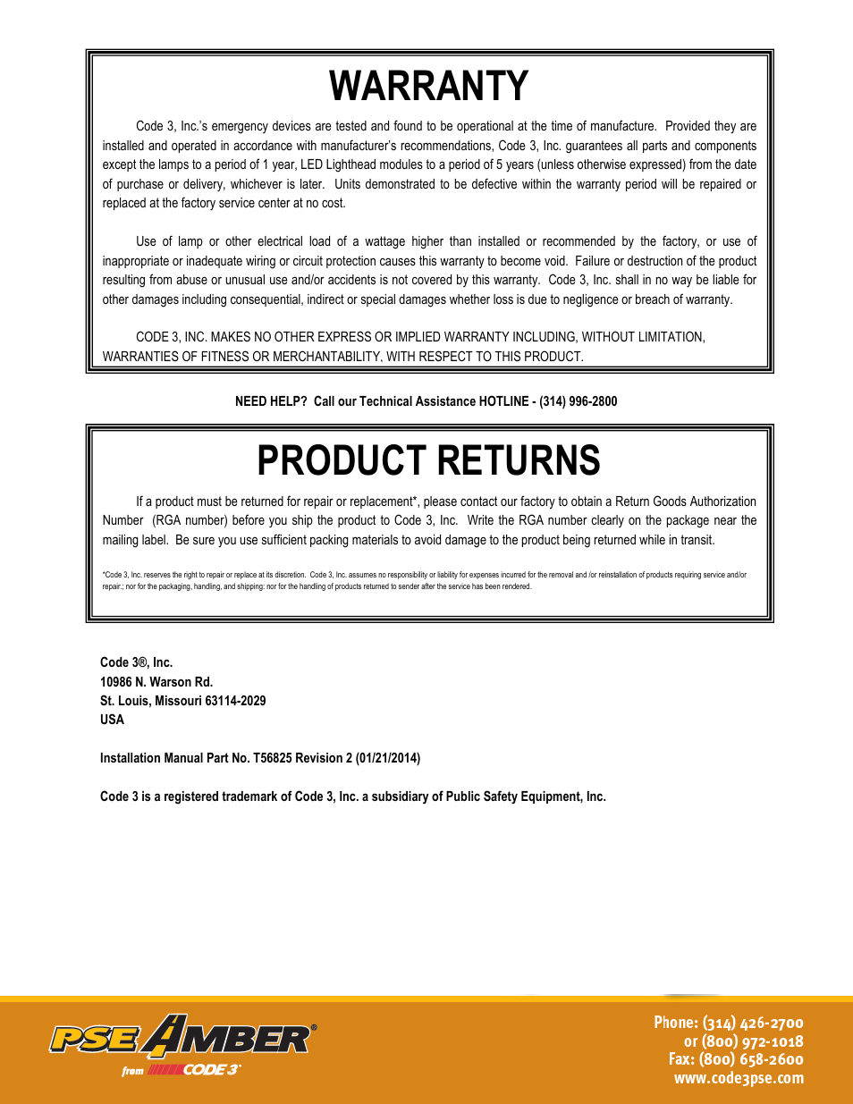 Warranty, Product returns | Code 3 Matrix User Manual | Page 20 / 20