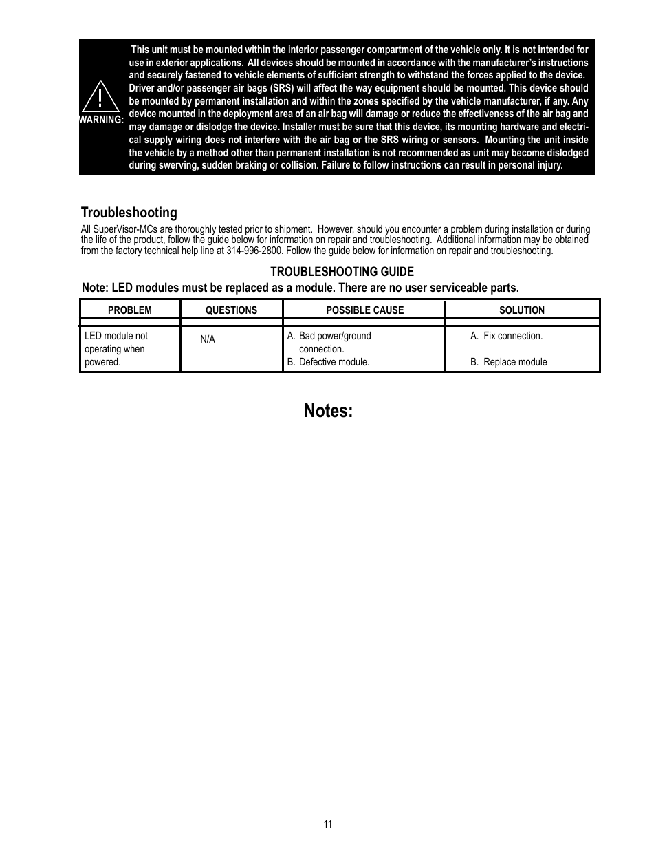 Troubleshooting | Code 3 MC SuperVisor Caprice User Manual | Page 11 / 12