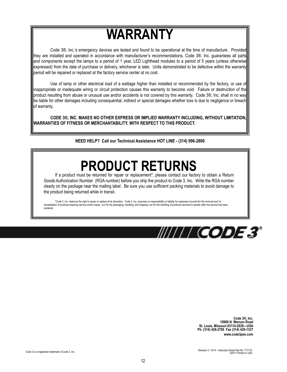 Product returns, Warranty | Code 3 MC SuperVisor Caprice User Manual | Page 12 / 12