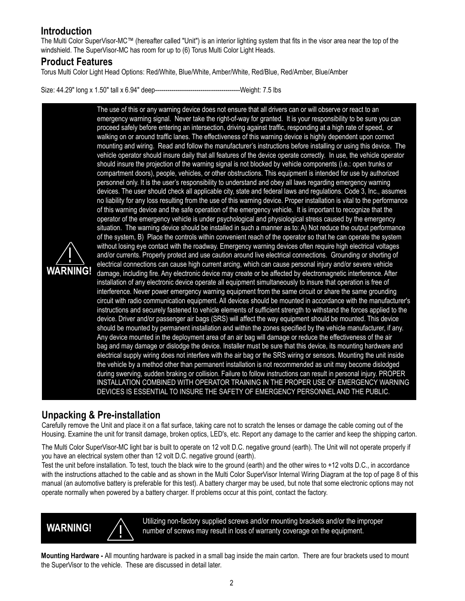 Introduction, Product features, Warning | Warning! unpacking & pre-installation | Code 3 MC SuperVisor Caprice User Manual | Page 2 / 12