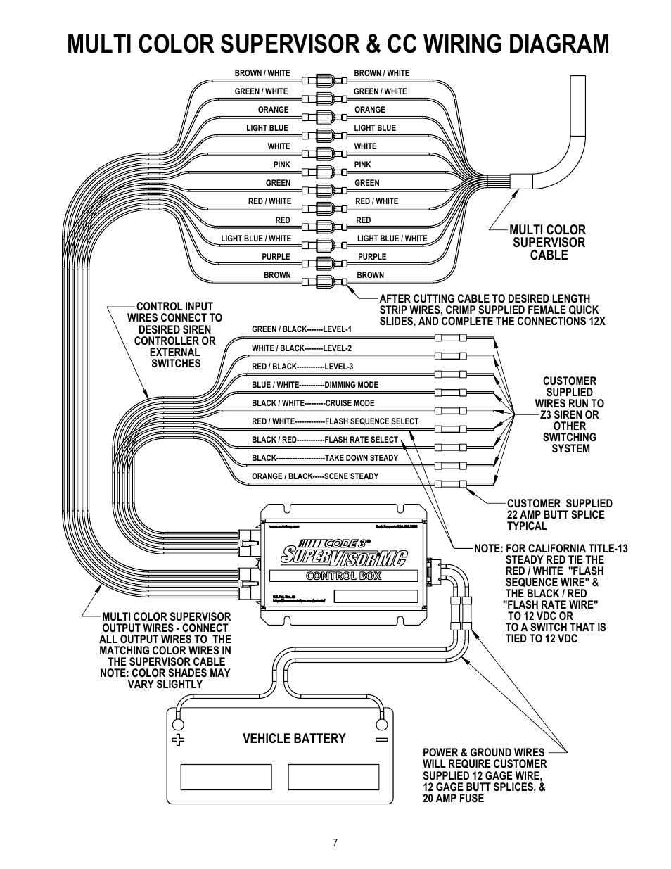 Multi color supervisor & cc wiring diagram, Multi color supervisor cable, Vehicle battery | Code 3 MC SuperVisor Caprice User Manual | Page 7 / 12