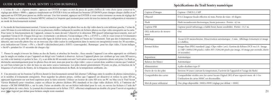 Spéciﬁcations du trail sentry numérique | Bushnell 11-9200 User Manual | Page 11 / 45