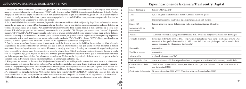 Especiﬁcaciones de la cámara trail sentry digital | Bushnell 11-9200 User Manual | Page 18 / 45