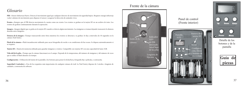 Glosario, Guía de piezas, Frente de la cámara | Panel de control (frente interior) | Bushnell 11-9200 User Manual | Page 19 / 45