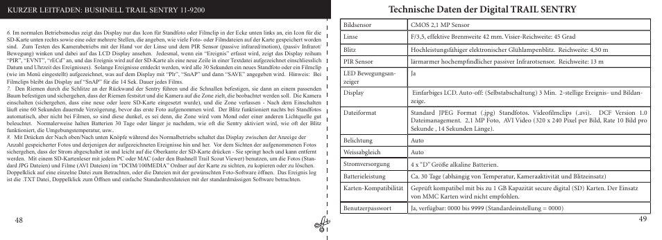 Technische daten der digital trail sentry | Bushnell 11-9200 User Manual | Page 25 / 45