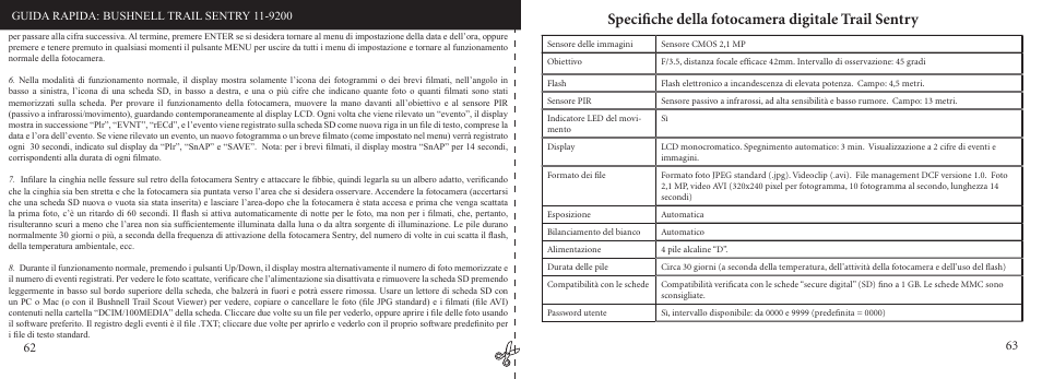 Speciﬁche della fotocamera digitale trail sentry | Bushnell 11-9200 User Manual | Page 32 / 45