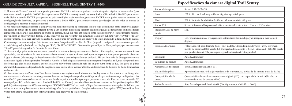 Especiﬁcações da câmara digital trail sentry | Bushnell 11-9200 User Manual | Page 39 / 45