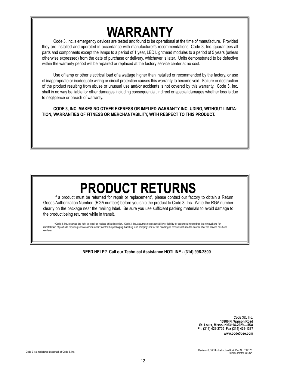 Warranty, Product returns | Code 3 MC SuperVisor Charger User Manual | Page 12 / 12
