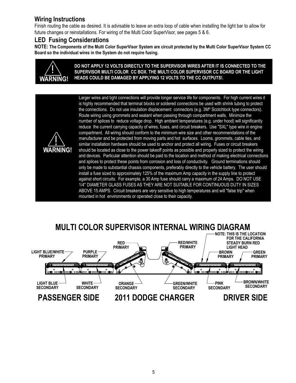 Passenger side 2011 dodge charger driver side, Multi color supervisor internal wiring diagram, Warning! wiring instructions | Led fusing considerations, Warning | Code 3 MC SuperVisor Charger User Manual | Page 5 / 12