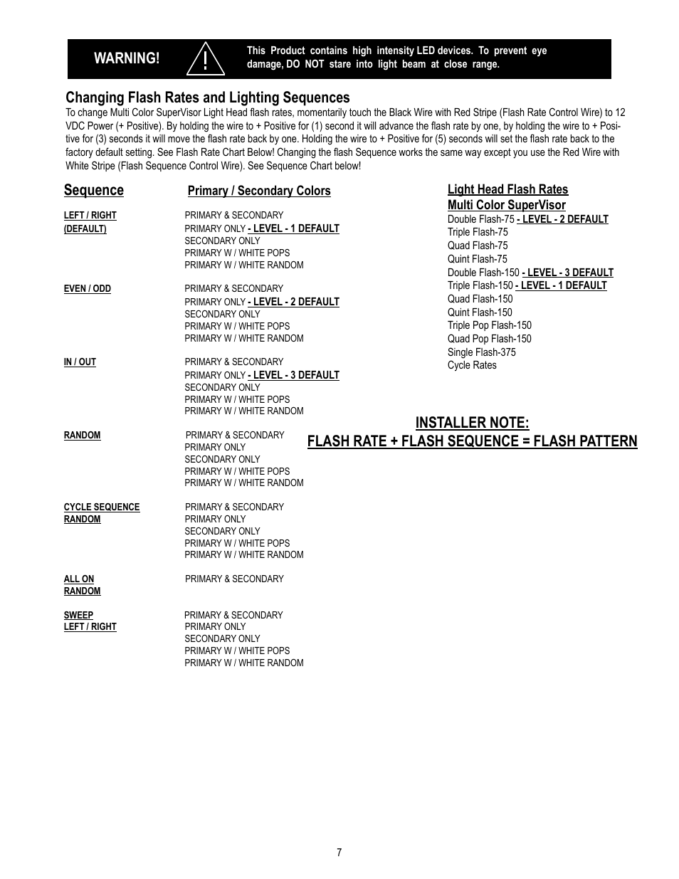 Changing flash rates and lighting sequences, Warning, Sequence | Code 3 MC SuperVisor Charger User Manual | Page 7 / 12