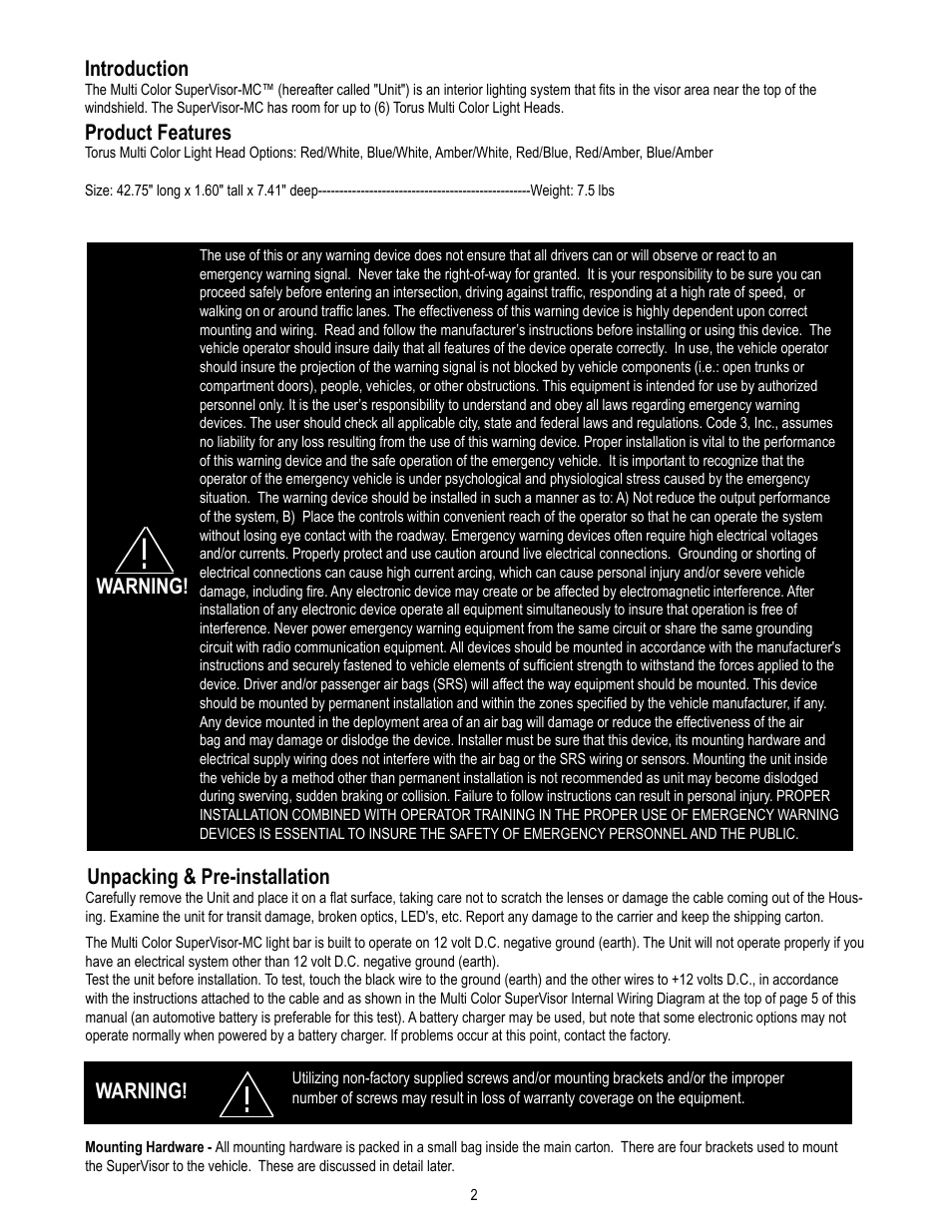 Introduction, Product features, Warning | Warning! unpacking & pre-installation | Code 3 MC SuperVisor Ford PI Sedan User Manual | Page 2 / 12