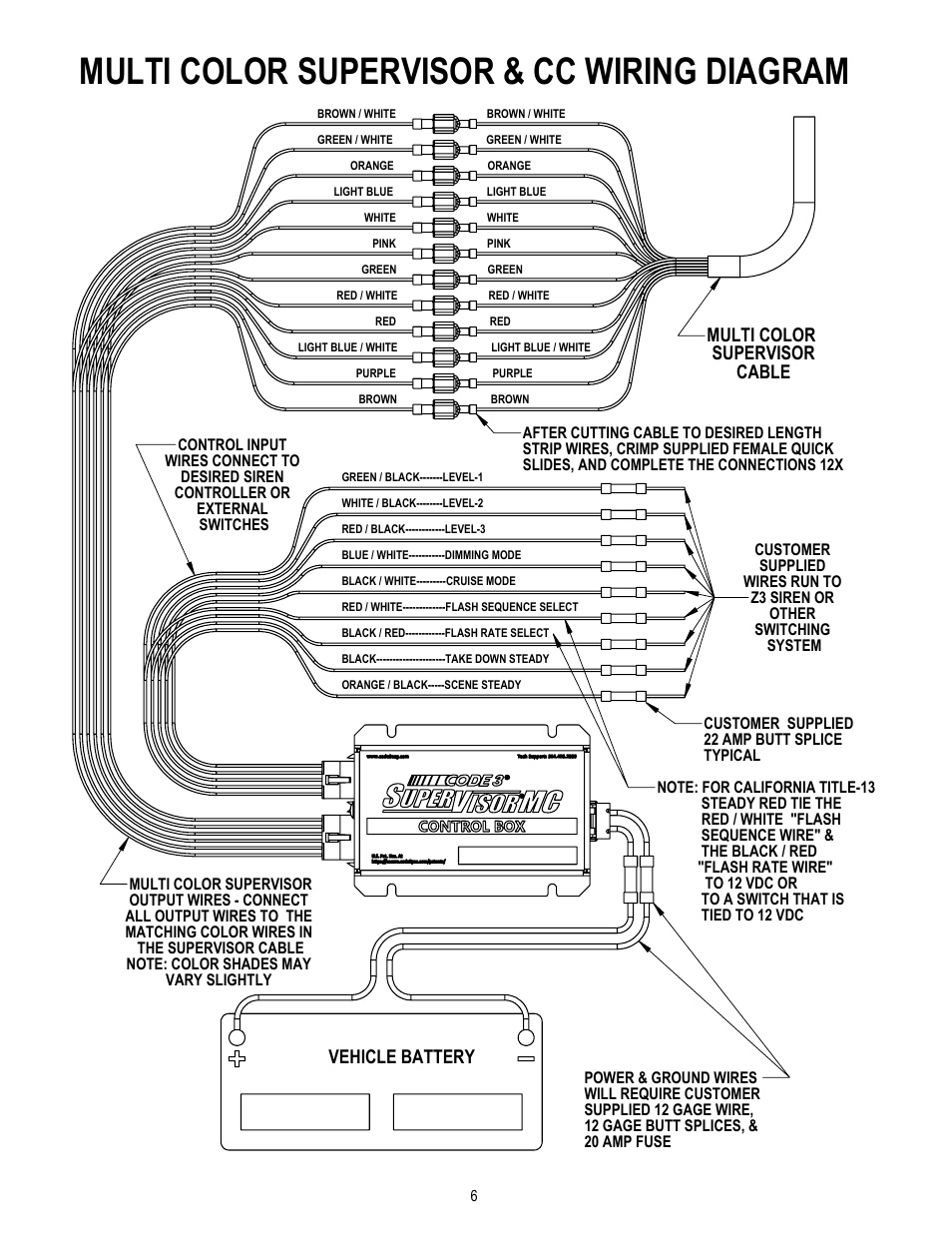 Multi color supervisor & cc wiring diagram, Multi color supervisor cable, Vehicle battery | Code 3 MC SuperVisor Ford PI Sedan User Manual | Page 6 / 12