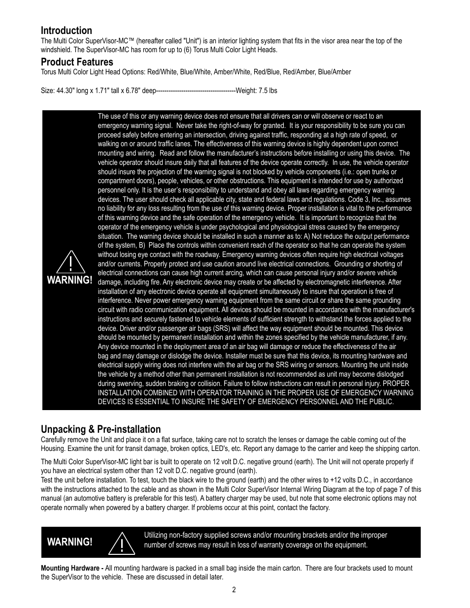 Introduction, Product features, Warning | Warning! unpacking & pre-installation | Code 3 MC SuperVisor Impala User Manual | Page 2 / 12