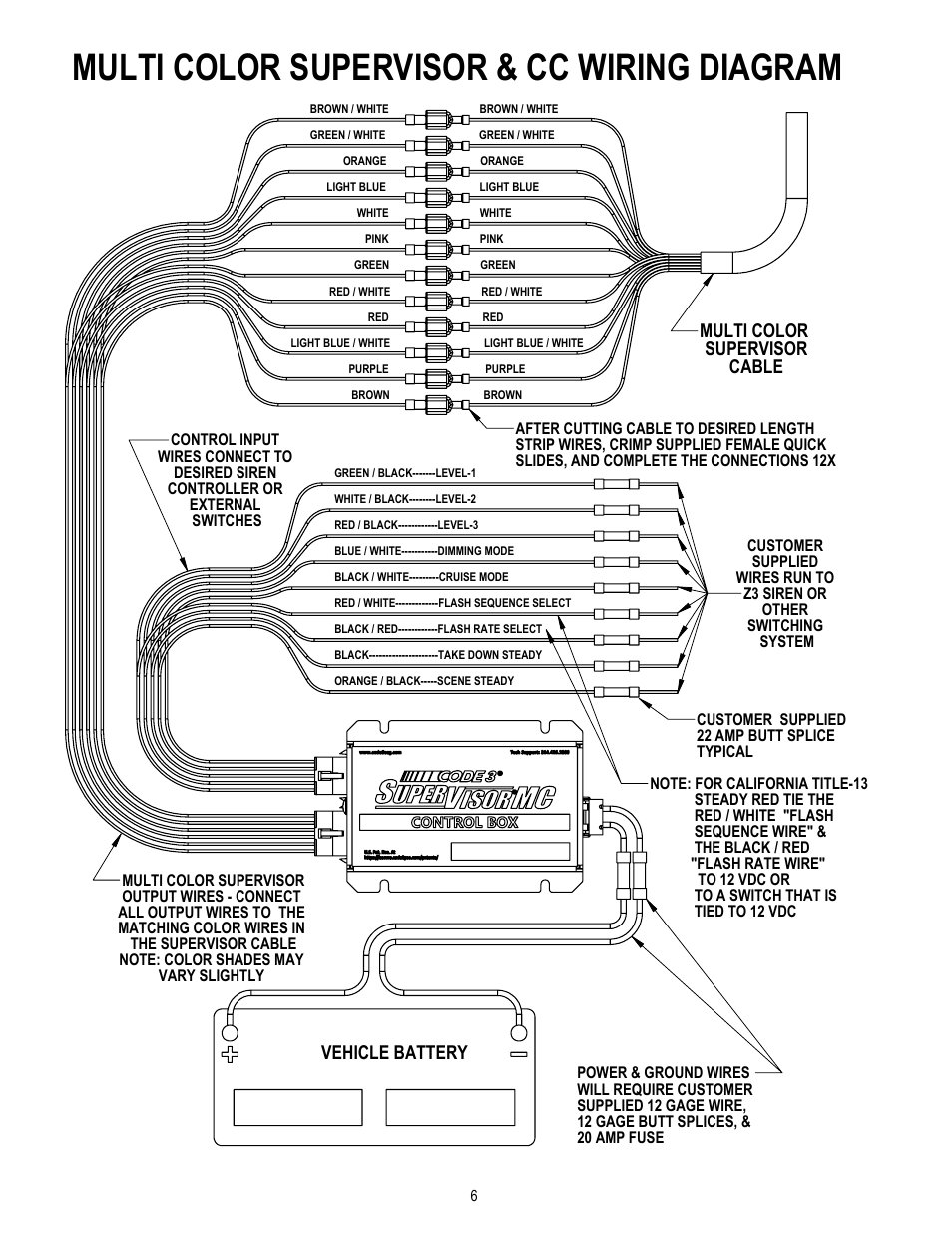 Multi color supervisor & cc wiring diagram, Multi color supervisor cable, Vehicle battery | Code 3 MC SuperVisor Impala User Manual | Page 6 / 12