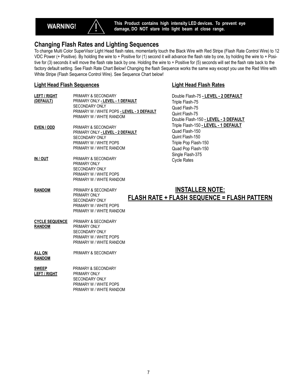 Warning, Light head flash rates, Light head flash sequences | Code 3 MC SuperVisor Impala User Manual | Page 7 / 12