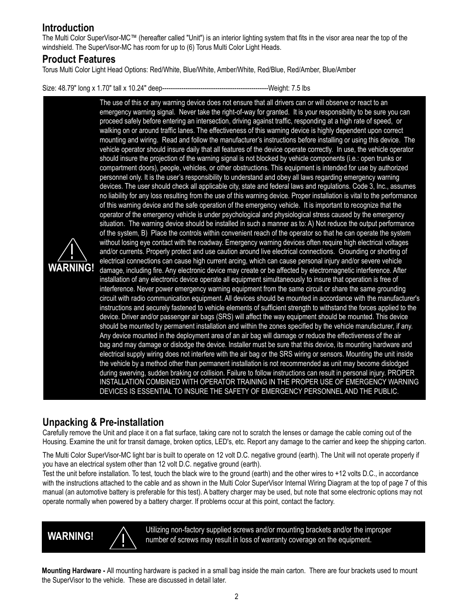 Introduction, Product features, Unpacking & pre-installation | Warning | Code 3 MC SuperVisor PI Utility User Manual | Page 2 / 12