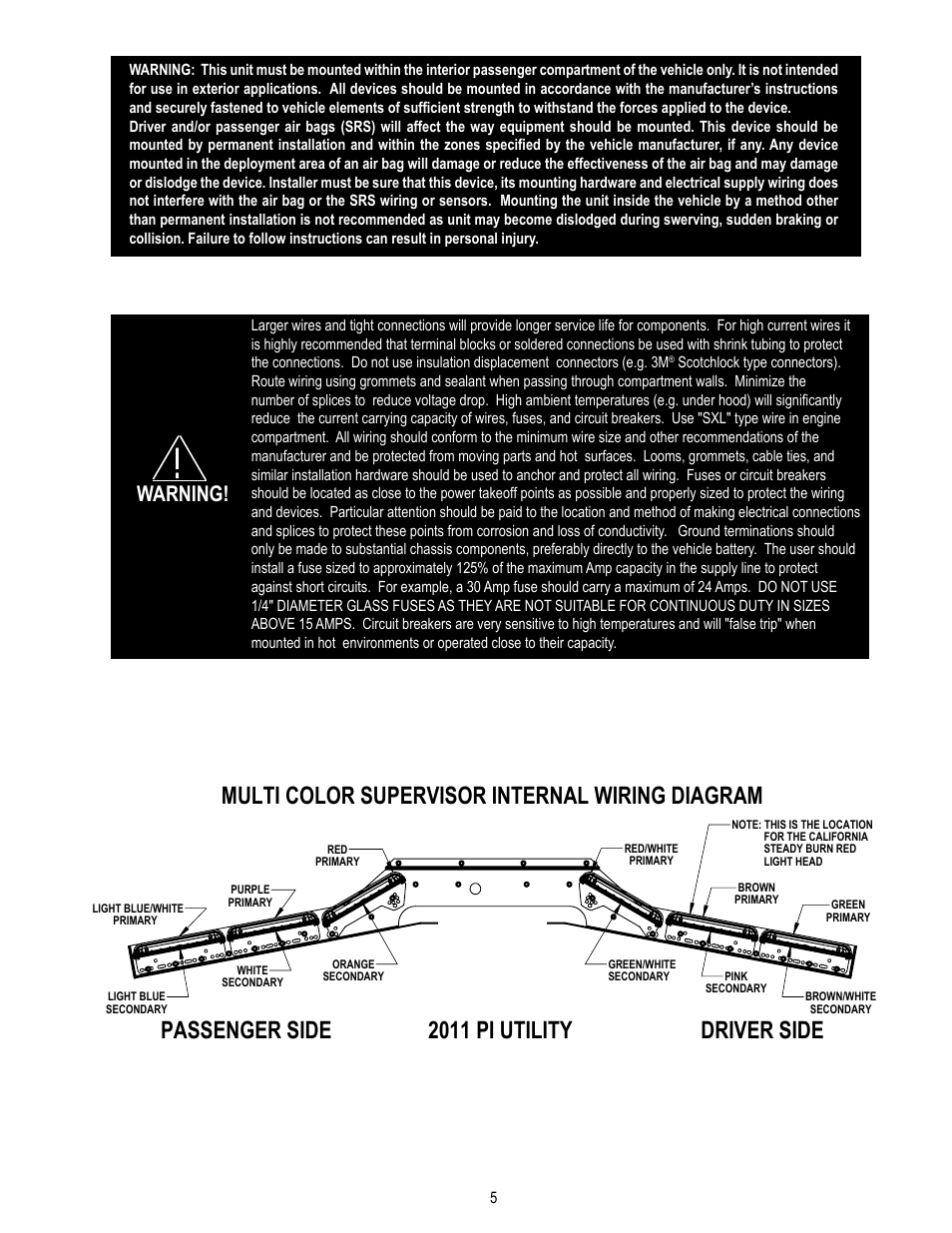 Passenger side 2011 pi utility driver side, Multi color supervisor internal wiring diagram, Warning | Code 3 MC SuperVisor PI Utility User Manual | Page 5 / 12