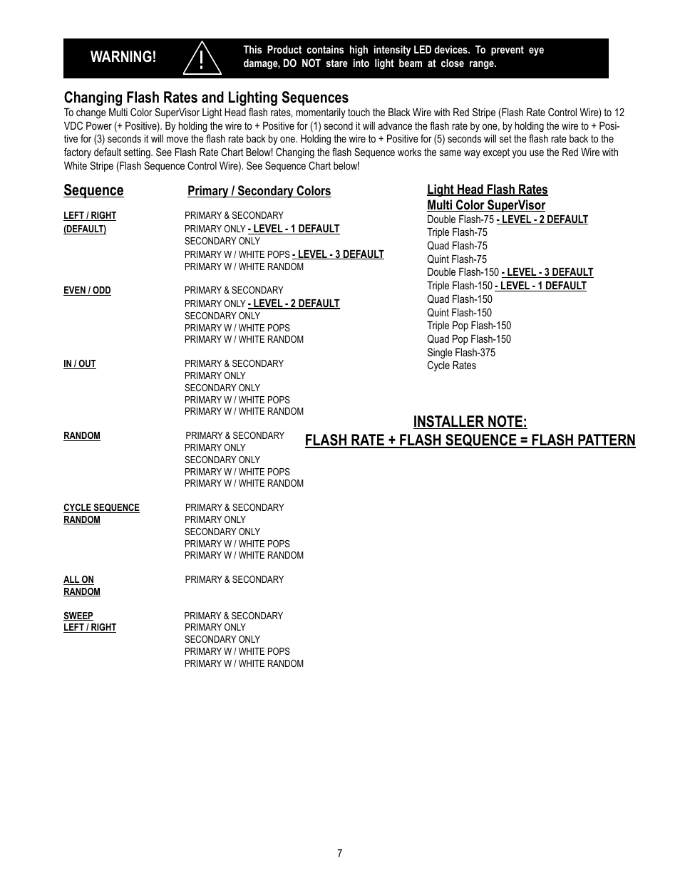 Changing flash rates and lighting sequences, Warning, Sequence | Code 3 MC SuperVisor PI Utility User Manual | Page 7 / 12