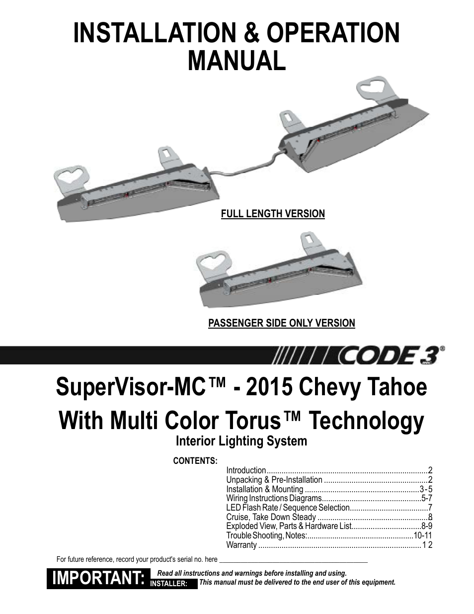 Code 3 MC SuperVisor Tahoe User Manual | 12 pages