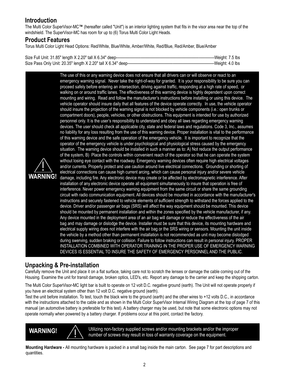 Introduction, Product features, Unpacking & pre-installation | Warning | Code 3 MC SuperVisor Tahoe User Manual | Page 2 / 12