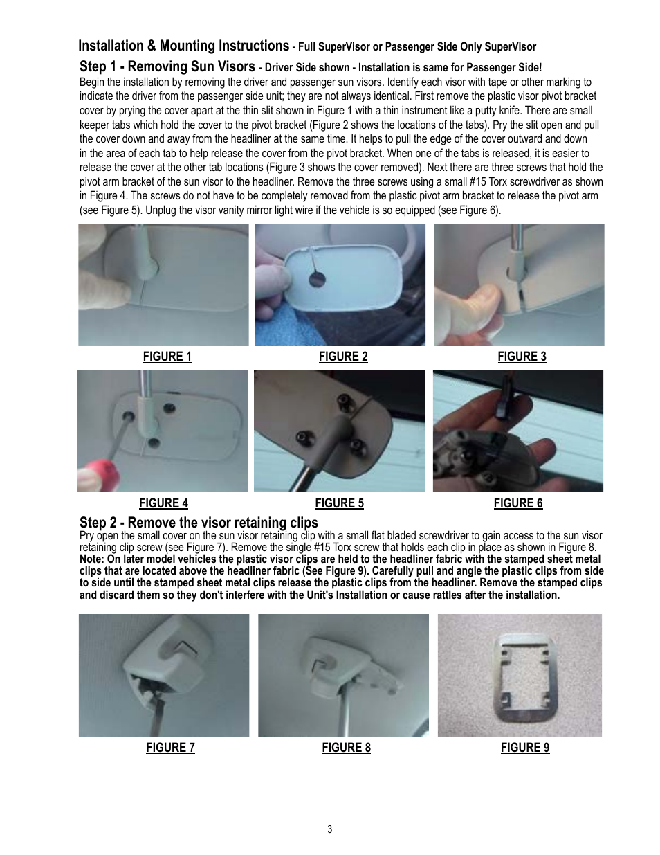 Installation & mounting instructions, Step 1 - removing sun visors, Step 2 - remove the visor retaining clips | Code 3 MC SuperVisor Tahoe User Manual | Page 3 / 12