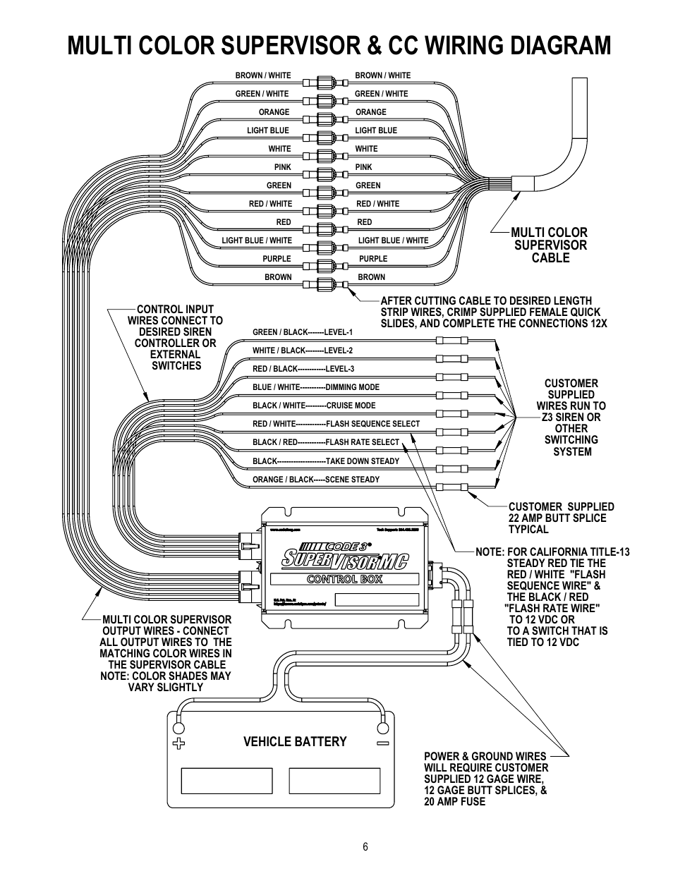 Multi color supervisor & cc wiring diagram, Multi color supervisor cable, Vehicle battery | Code 3 MC SuperVisor Tahoe User Manual | Page 6 / 12