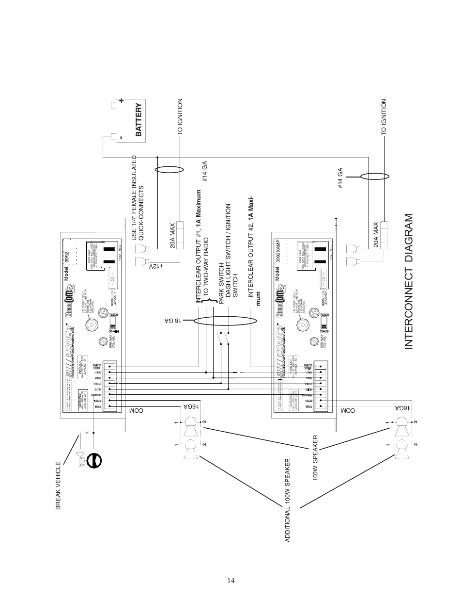 Interconnect diagram, Ba tter y, 16ga | Interclear output #1, 1a maxim u m, Le d, De l 3992 | Code 3 MicroCom 2 Siren User Manual | Page 14 / 20