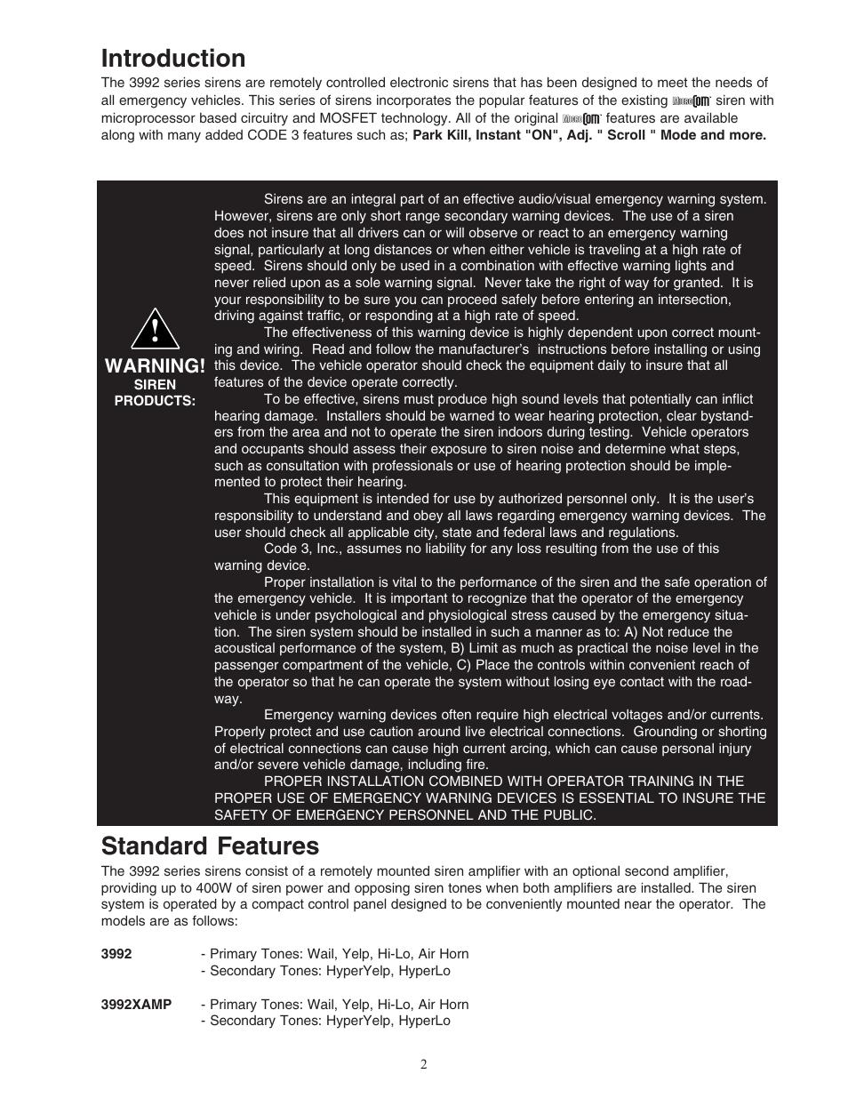 Introduction, Standard features, Warning | Code 3 MicroCom 2 Siren User Manual | Page 2 / 20