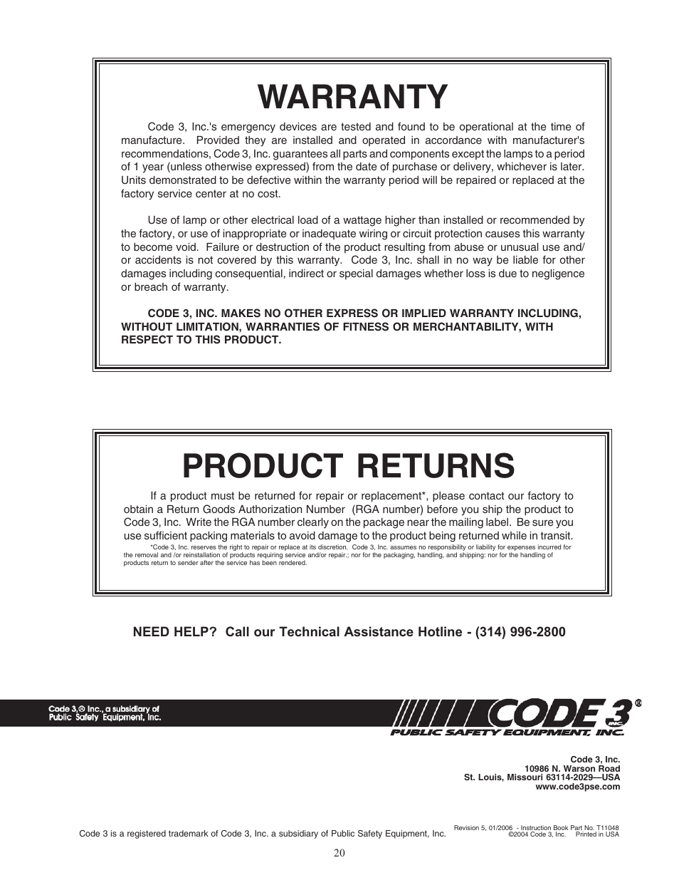 Warranty, Product returns | Code 3 MicroCom 2 Siren User Manual | Page 20 / 20