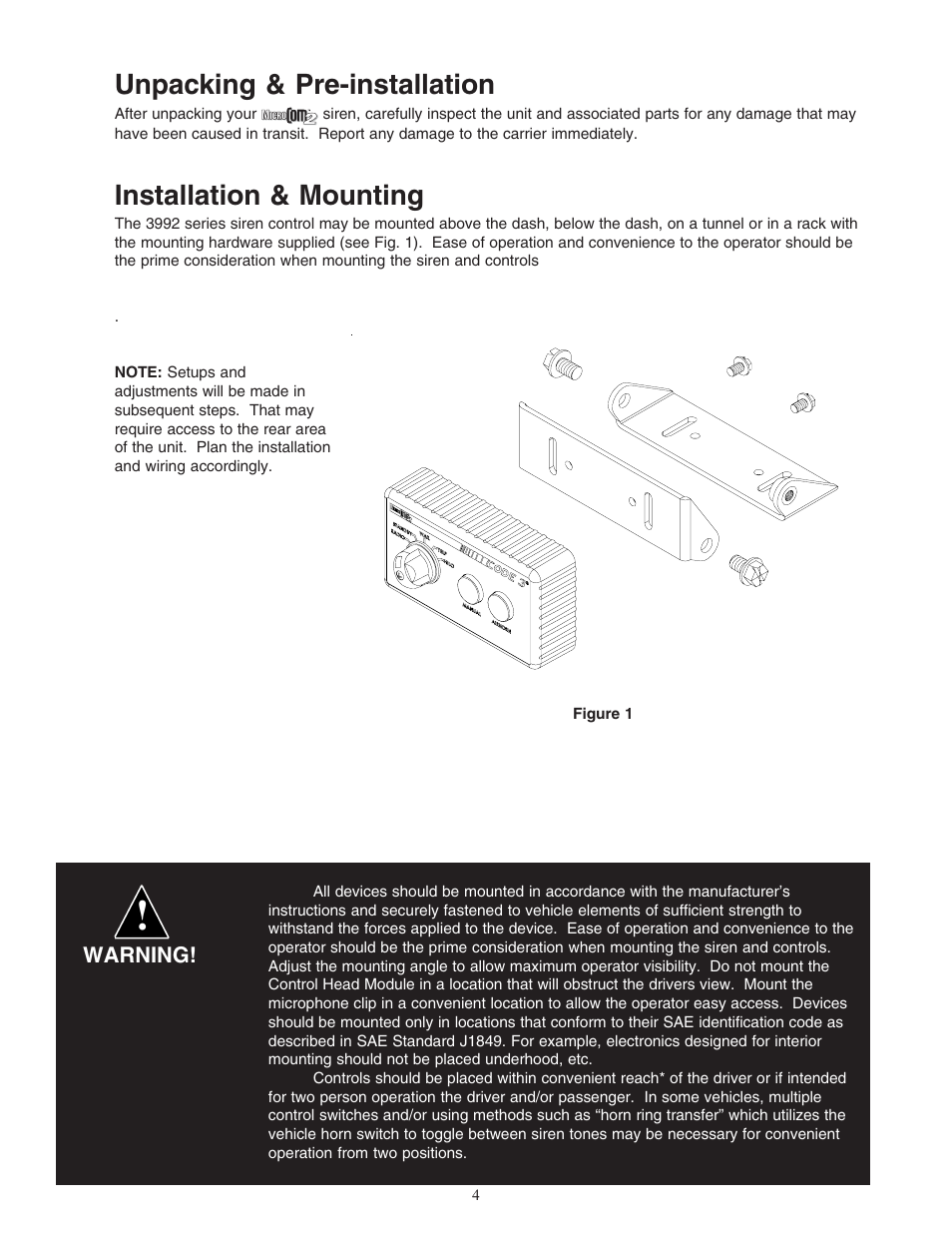 Unpacking & pre-installation, Installation & mounting | Code 3 MicroCom 2 Siren User Manual | Page 4 / 20