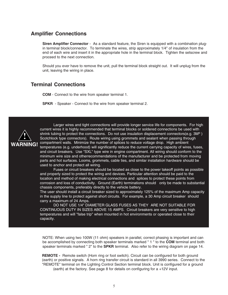 Amplifier connections, Terminal connections, Warning | Code 3 MicroCom 2 Siren User Manual | Page 5 / 20