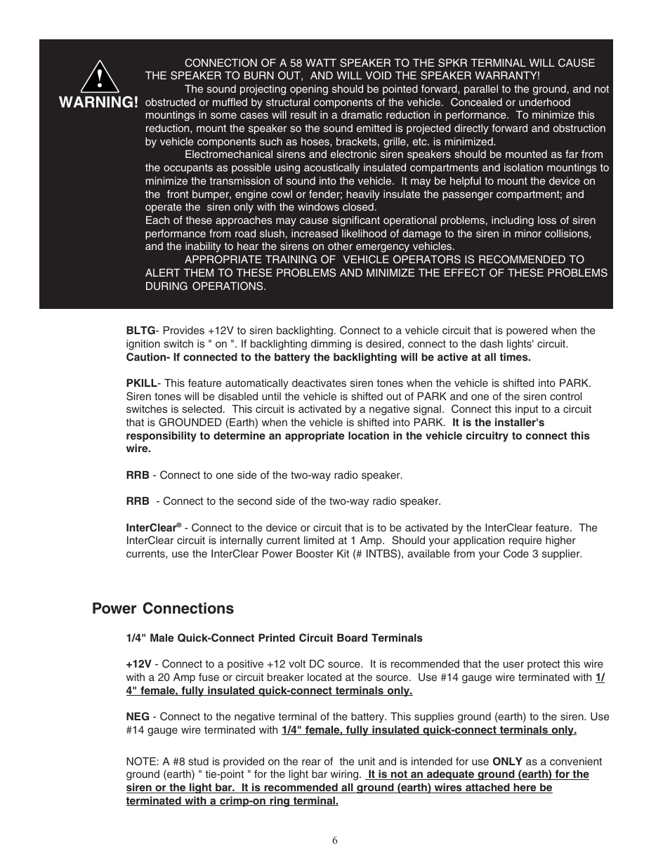 Power connections, Warning | Code 3 MicroCom 2 Siren User Manual | Page 6 / 20