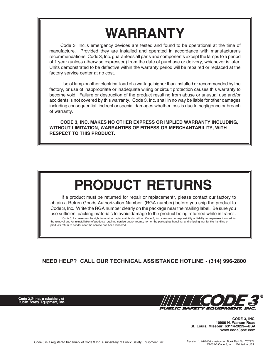 Warranty, Product returns | Code 3 Motorcycle Sirens 3951, 3955 User Manual | Page 17 / 25