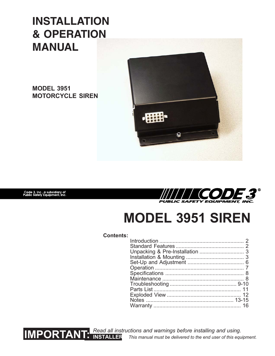 Model 3951 siren, Installation & operation manual, Important | Code 3 Motorcycle Sirens 3951, 3955 User Manual | Page 2 / 25