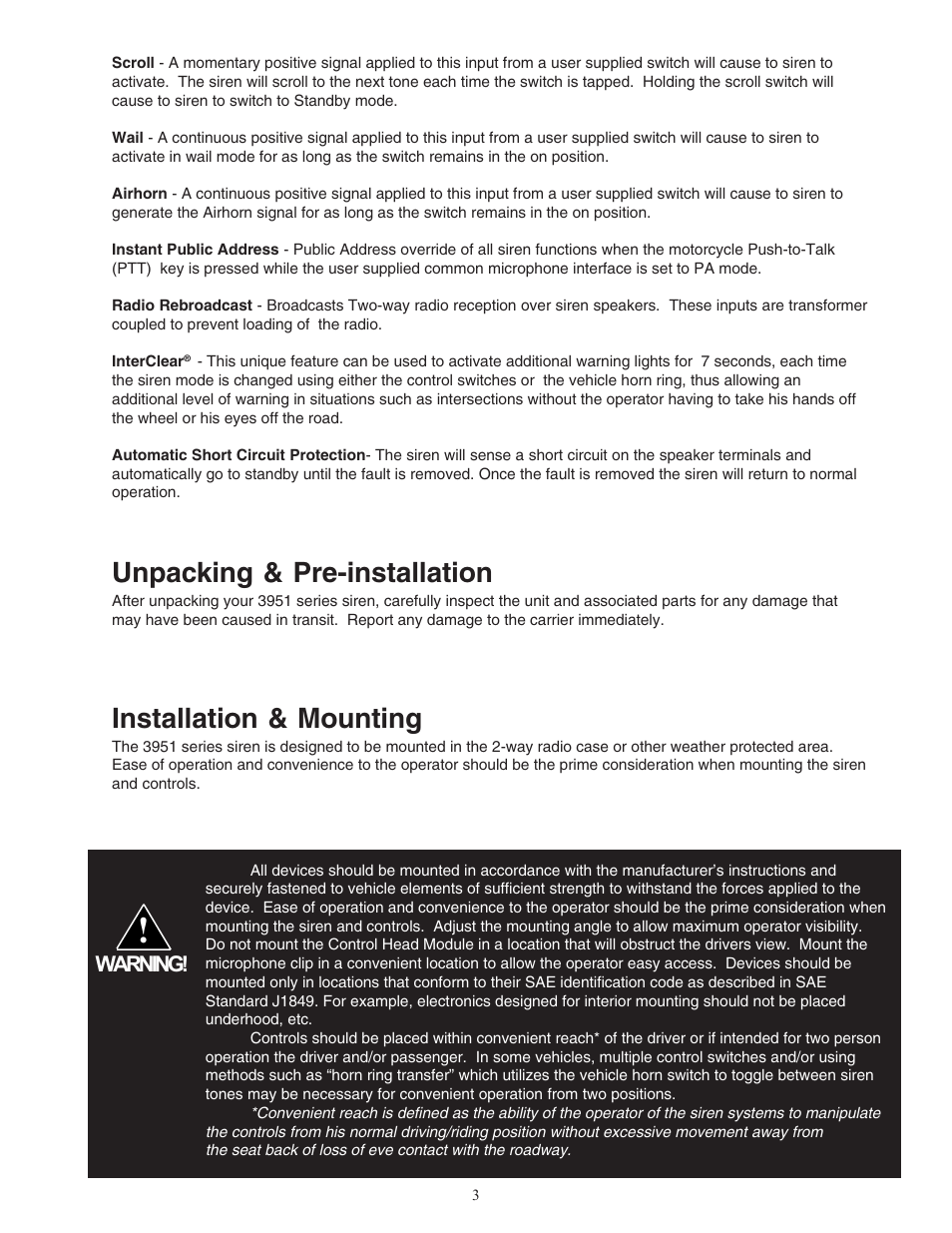 Unpacking & pre-installation, Installation & mounting, Warning | Code 3 Motorcycle Sirens 3951, 3955 User Manual | Page 4 / 25