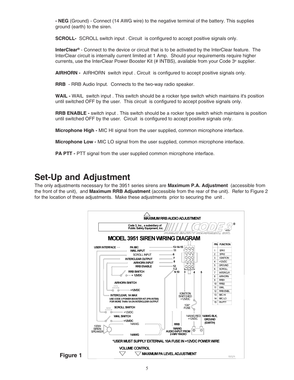 Set-up and adjustment, Model 3951 siren wiring diagram, Figure 1 | Code 3 Motorcycle Sirens 3951, 3955 User Manual | Page 6 / 25