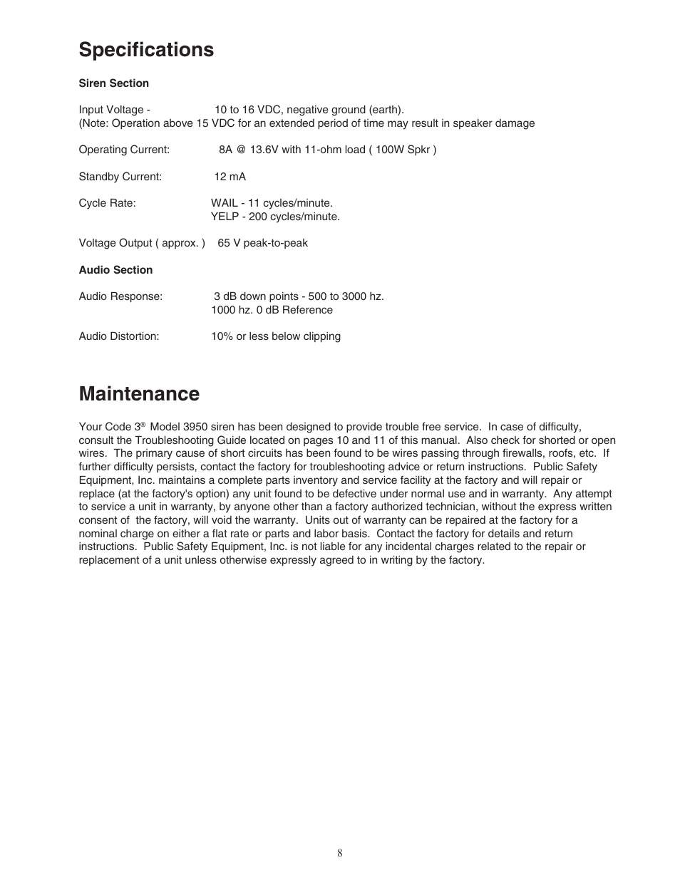 Specifications, Maintenance | Code 3 Motorcycle Sirens 3951, 3955 User Manual | Page 9 / 25