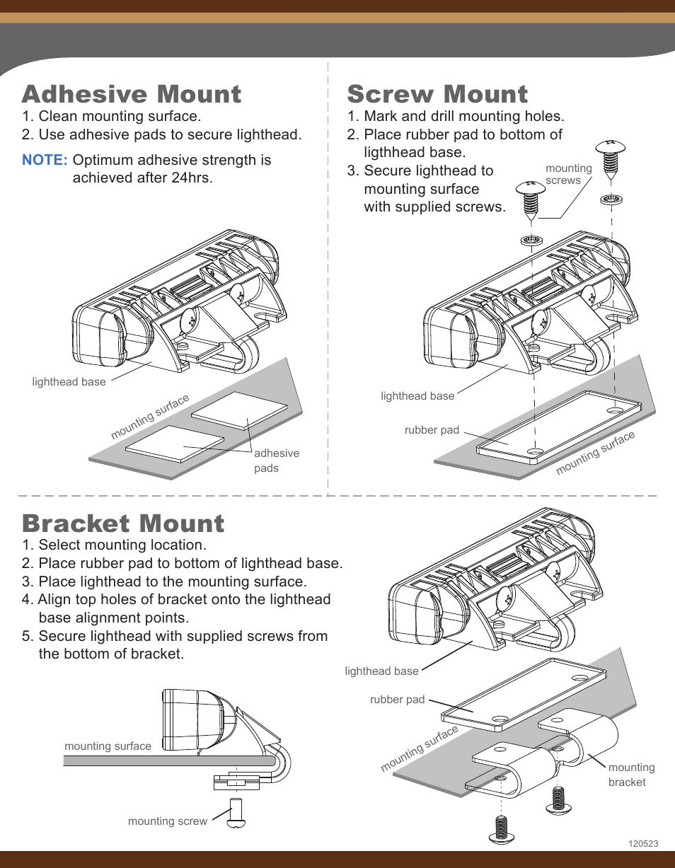 Adhesive mount, Screw mount, Bracket mount | Code 3 MR6 User Manual | Page 2 / 2