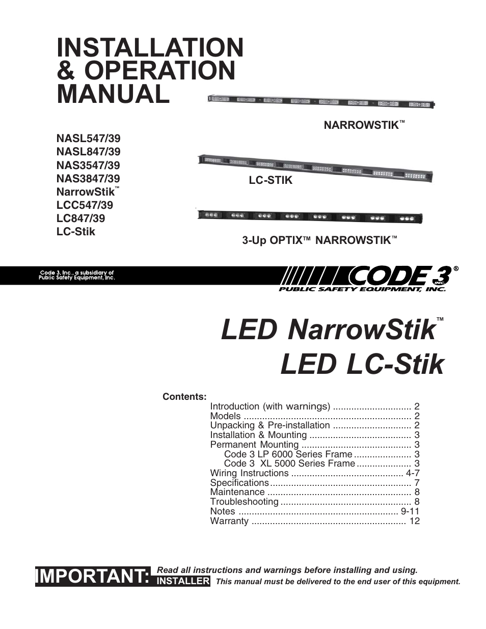 Code 3 NarrowStik User Manual | 12 pages